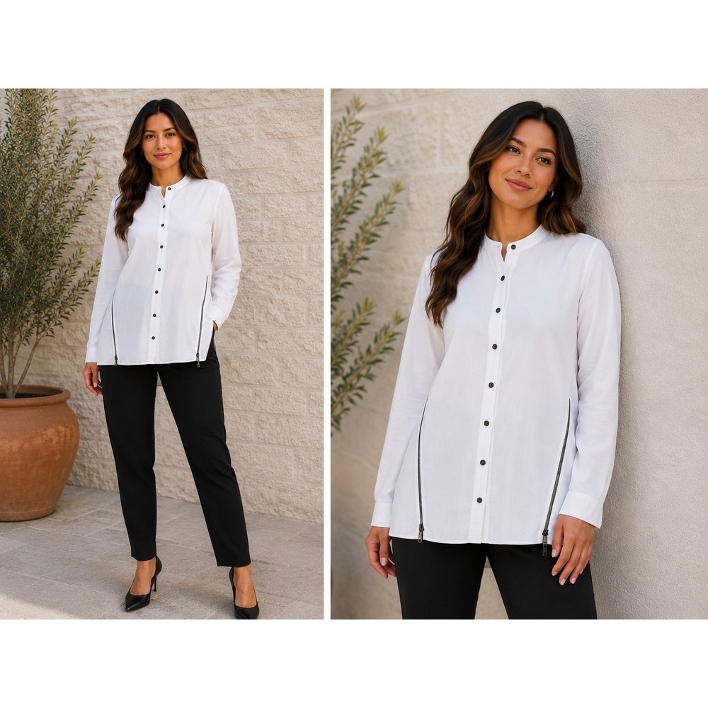 Tahari White Button Front Zip Side Tunic Top Small Modern Minimalist Blouse‎